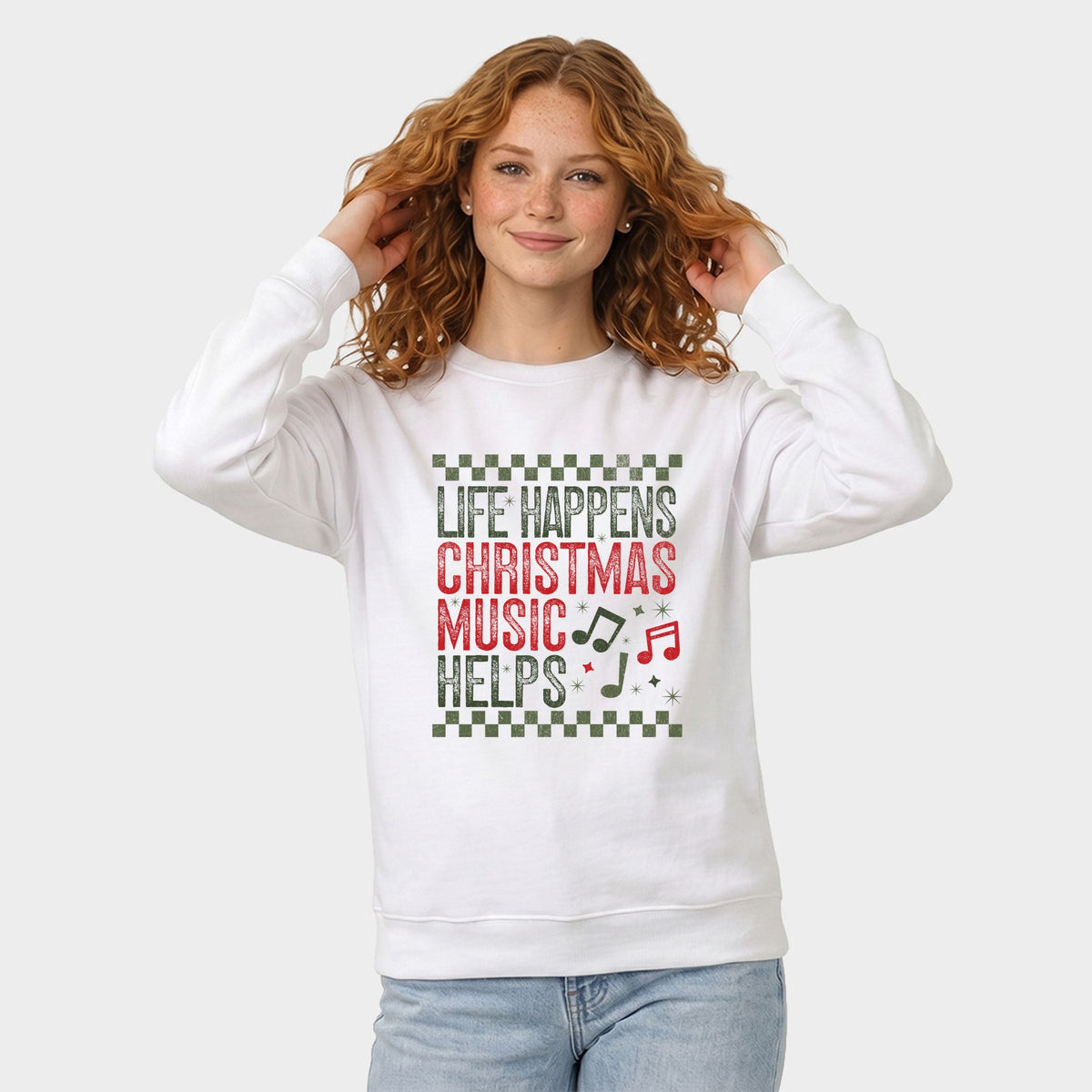 Christmas Music Helps Checkered - Women's Graphic Sweatshirt
