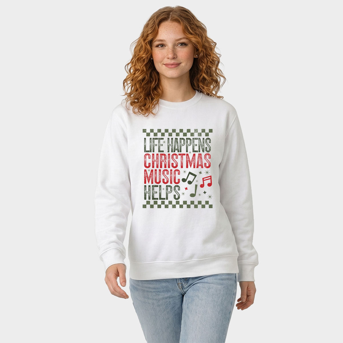 Christmas Music Helps Checkered - Women's Graphic Sweatshirt