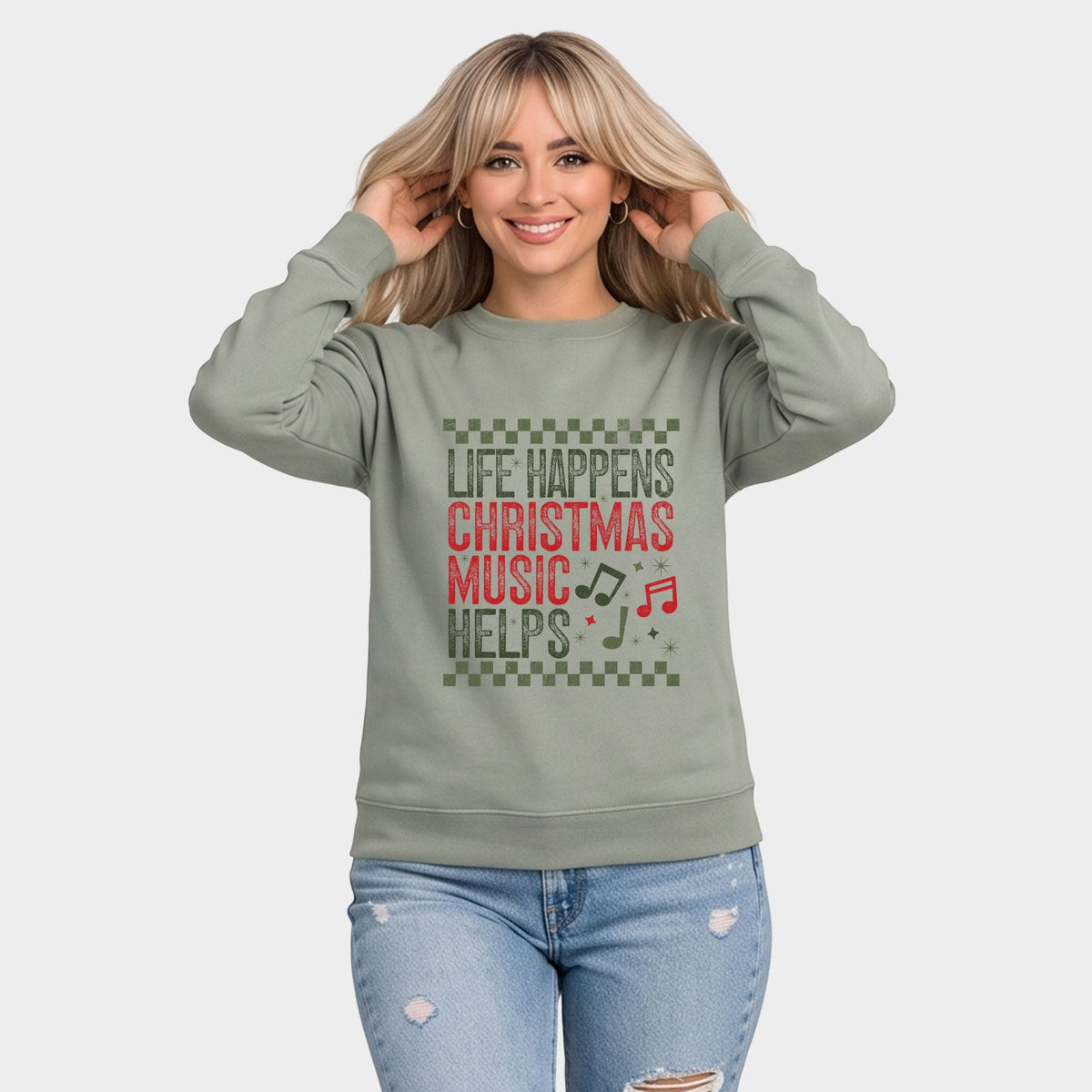 Christmas Music Helps Checkered - Women's Graphic Sweatshirt