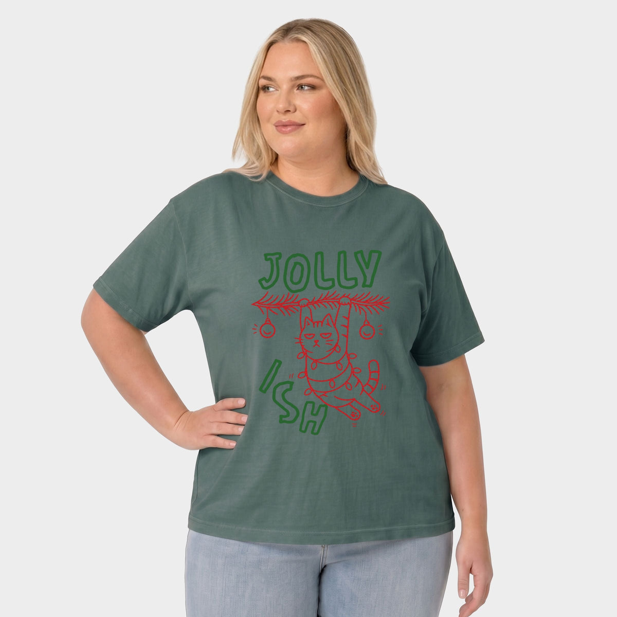 Jollyish Cat - Women's Plus Sized Garment Dyed Graphic T-Shirt