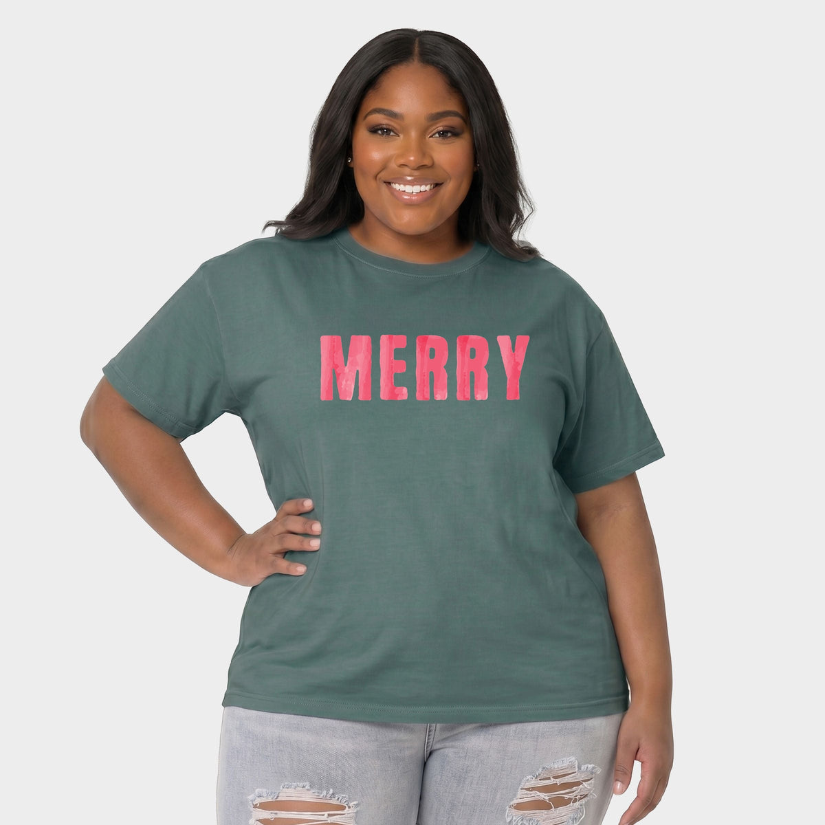 Merry Watercolor - Women's Plus Sized Garment Dyed Graphic T-Shirt