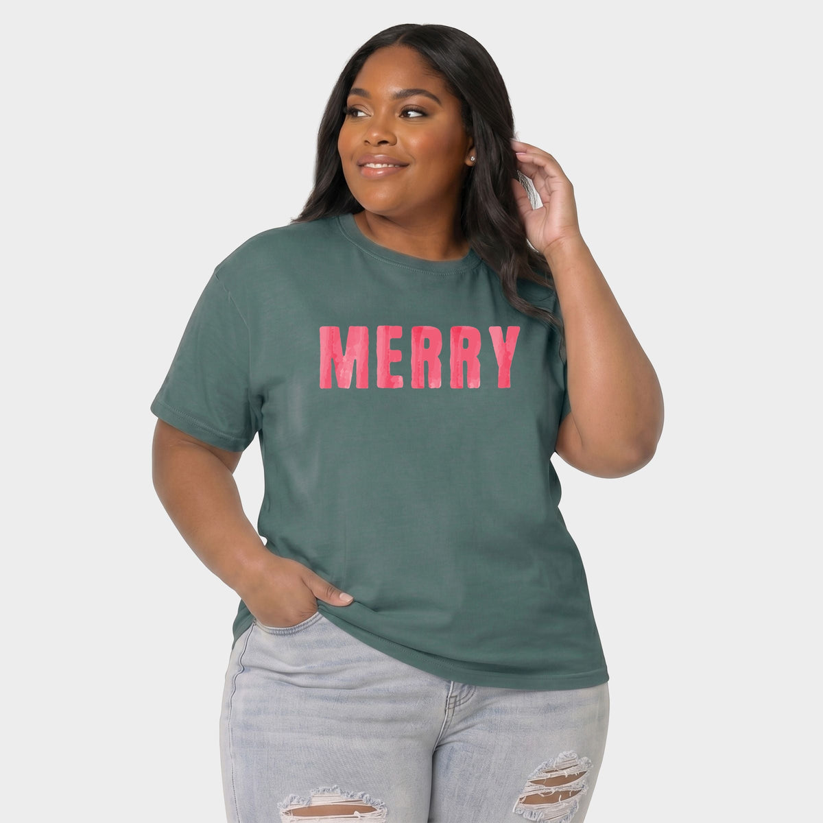 Merry Watercolor - Women's Plus Sized Garment Dyed Graphic T-Shirt