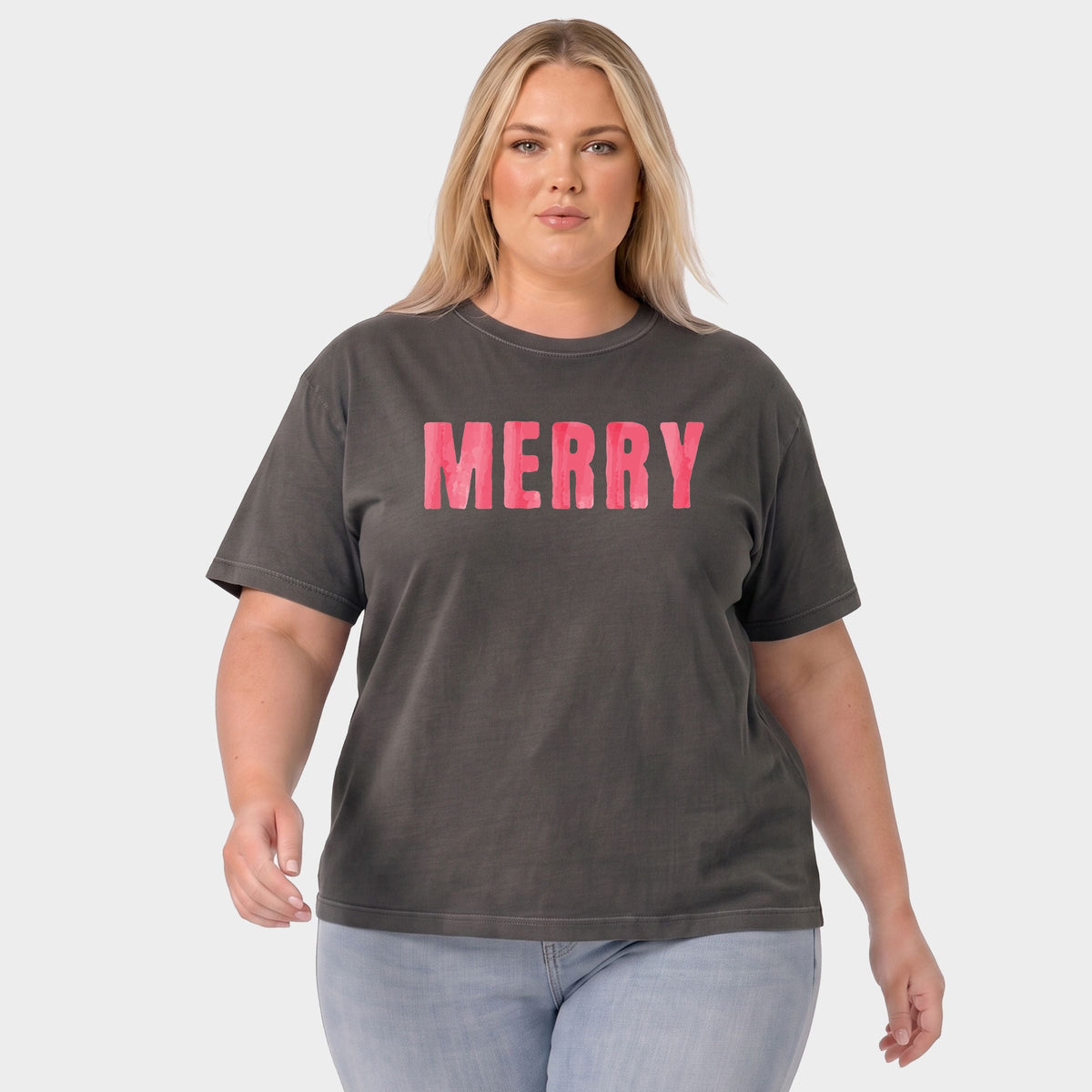 Merry Watercolor - Women's Plus Sized Garment Dyed Graphic T-Shirt