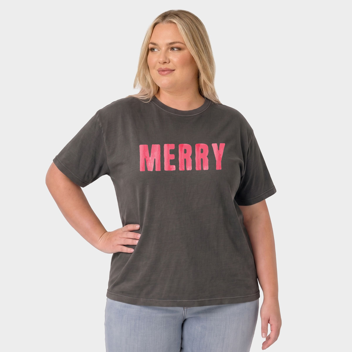 Merry Watercolor - Women's Plus Sized Garment Dyed Graphic T-Shirt