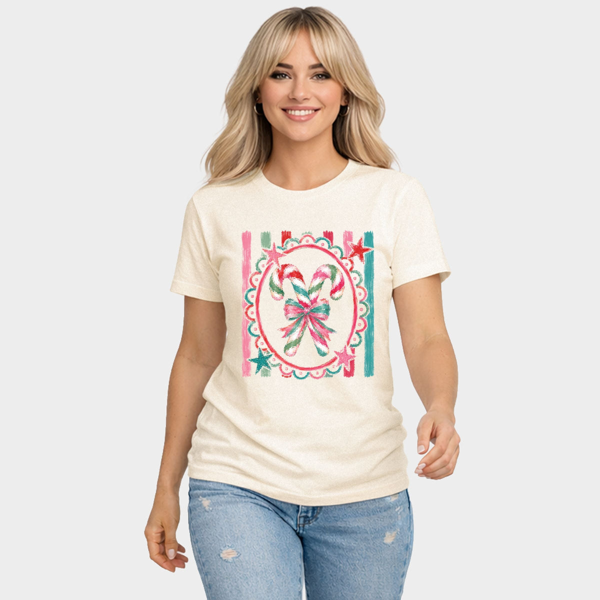 Candy Cane Coquette Watercolor - Women's Short Sleeve Graphic T-Shirt