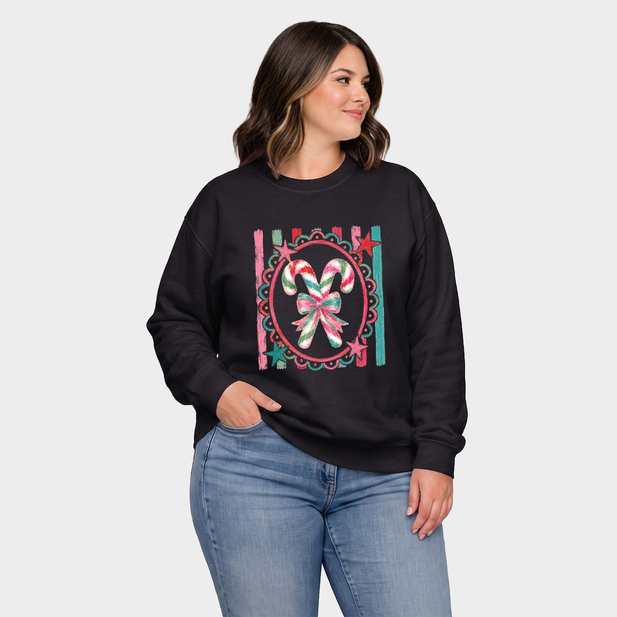 Candy Cane Coquette Watercolor -  Women's Plus Sized Graphic Sweatshirt