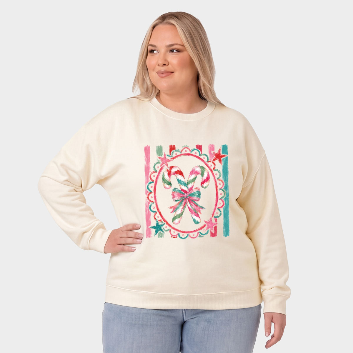 Candy Cane Coquette Watercolor -  Women's Plus Sized Graphic Sweatshirt