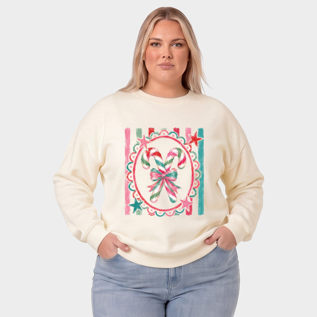 Candy Cane Coquette Watercolor -  Women's Plus Sized Graphic Sweatshirt