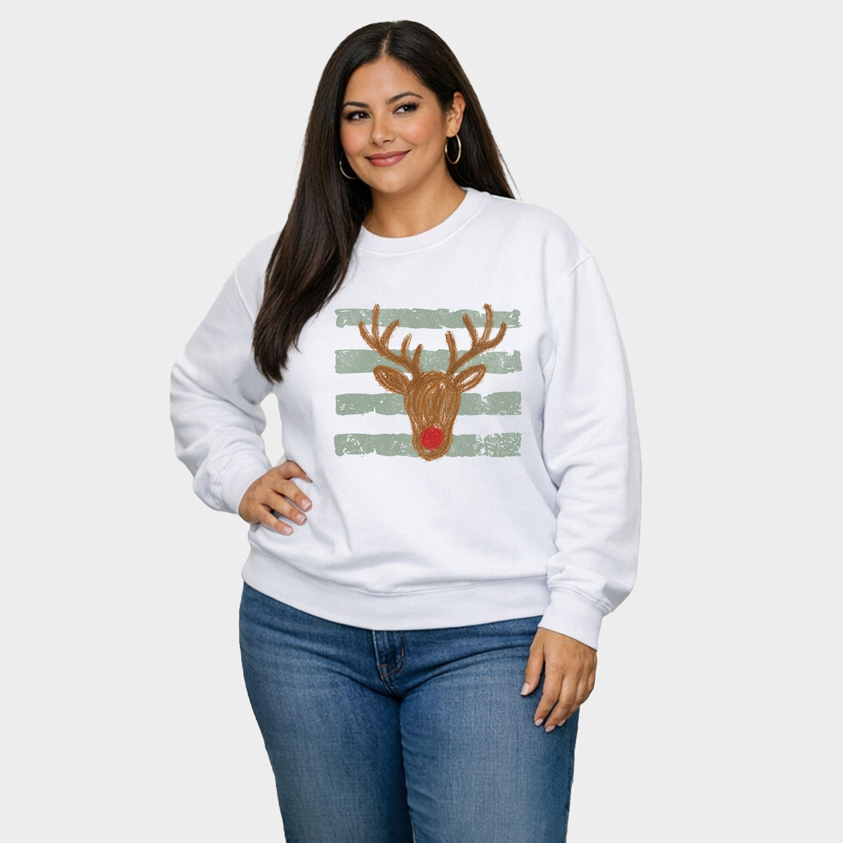 Red Nose Deer Stripes -  Women's Plus Sized Graphic Sweatshirt