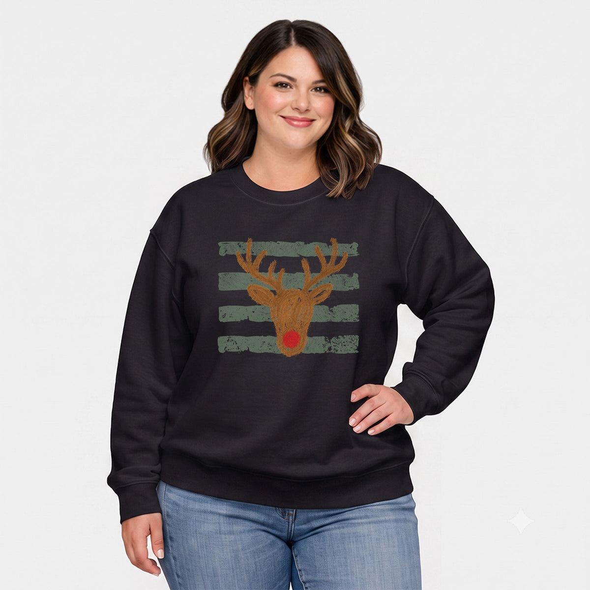 Red Nose Deer Stripes -  Women's Plus Sized Graphic Sweatshirt