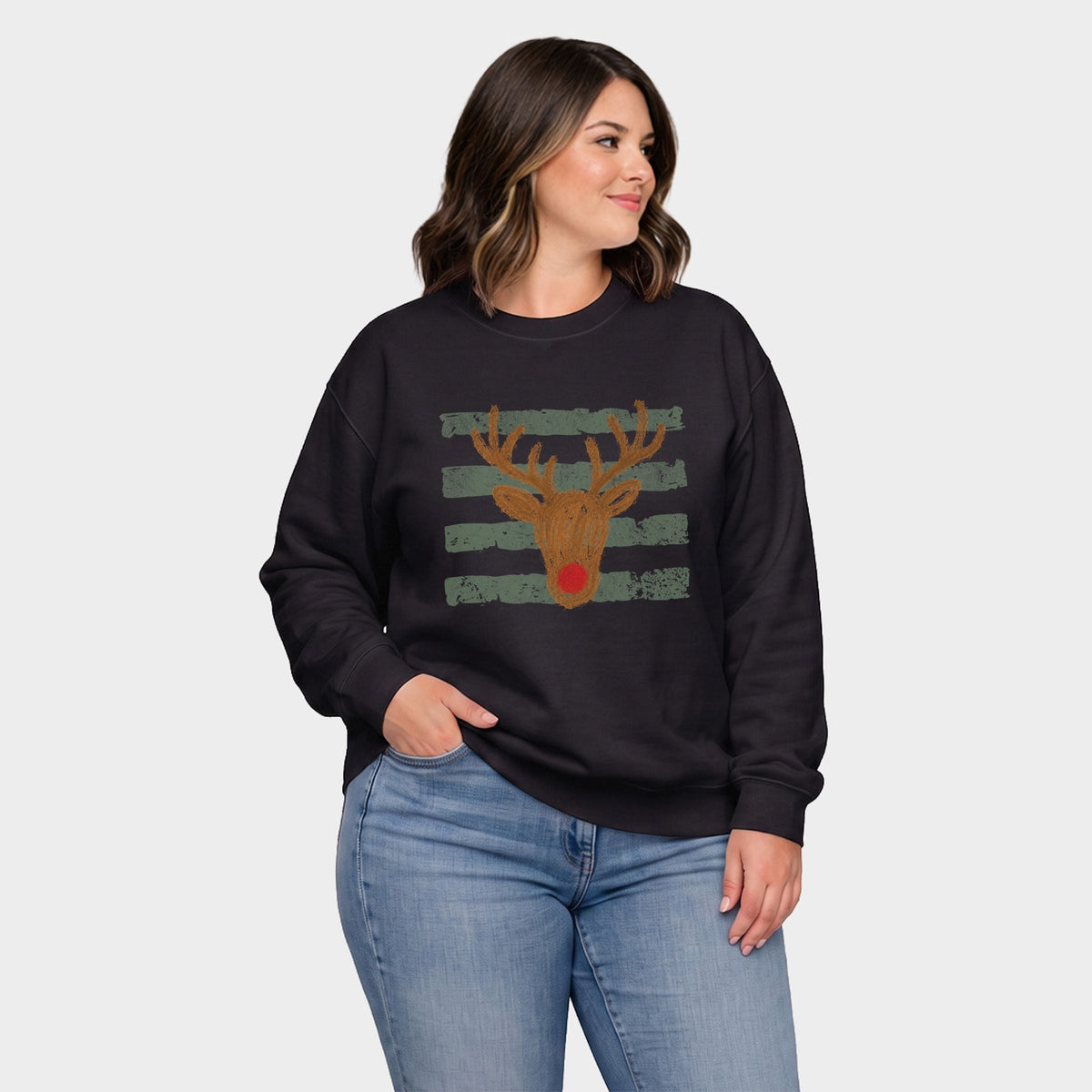 Red Nose Deer Stripes -  Women's Plus Sized Graphic Sweatshirt
