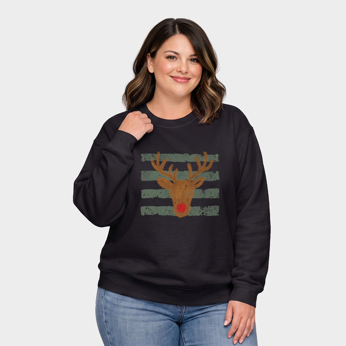 Red Nose Deer Stripes -  Women's Plus Sized Graphic Sweatshirt
