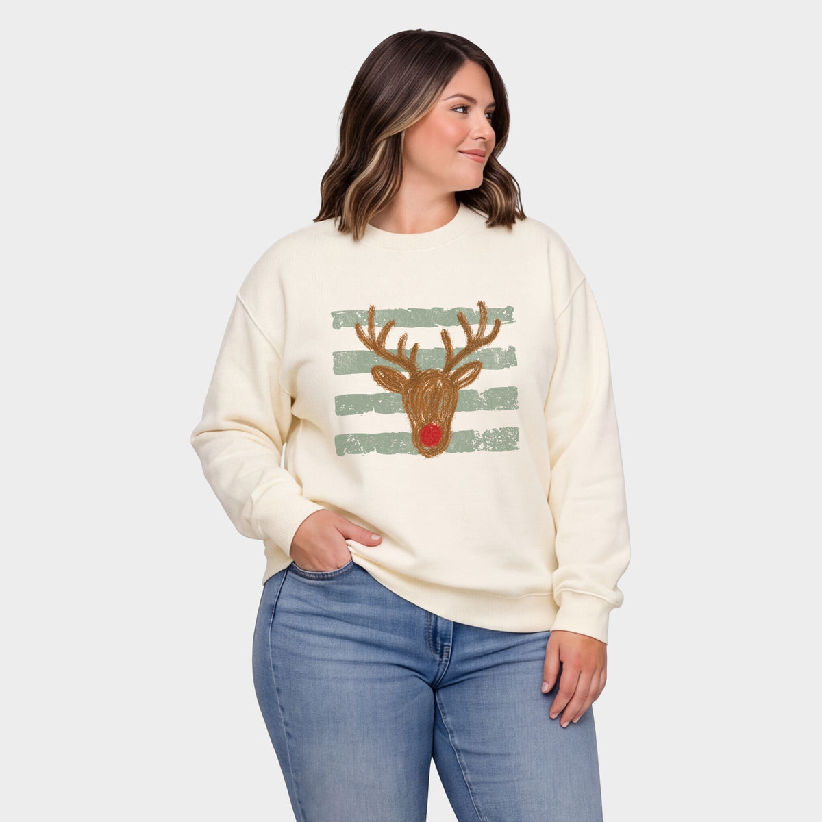 Red Nose Deer Stripes -  Women's Plus Sized Graphic Sweatshirt