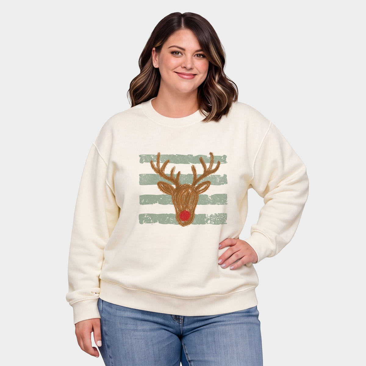 Red Nose Deer Stripes -  Women's Plus Sized Graphic Sweatshirt