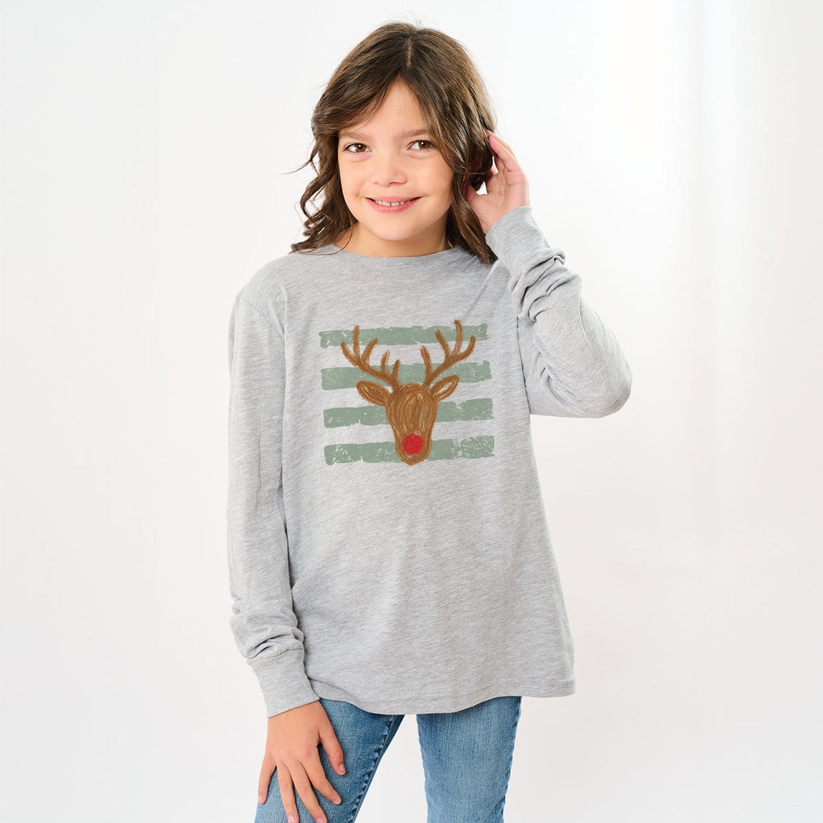 Red Nose Deer Stripes - Youth Long Sleeve Graphic T-Shirt