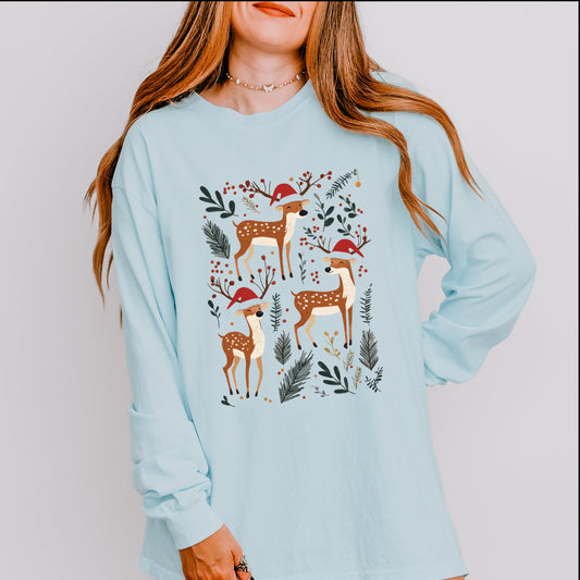 Christmas Deer and Foliage - Women's Garment Dyed Long Sleeve Graphic T-Shirt