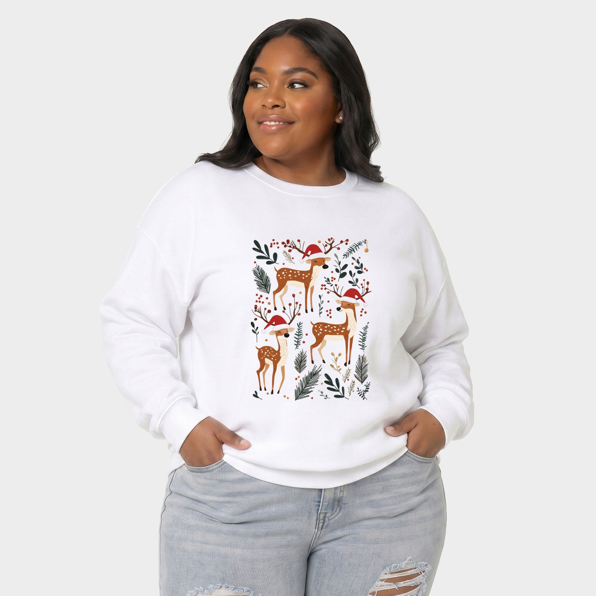 Christmas Deer and Foliage -  Women's Plus Sized Graphic Sweatshirt