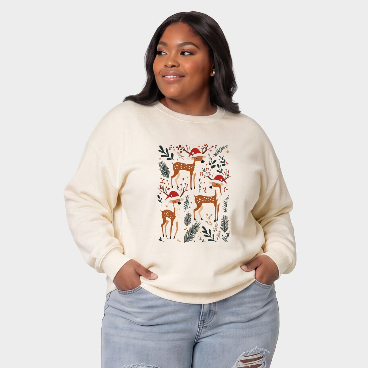 Christmas Deer and Foliage -  Women's Plus Sized Graphic Sweatshirt