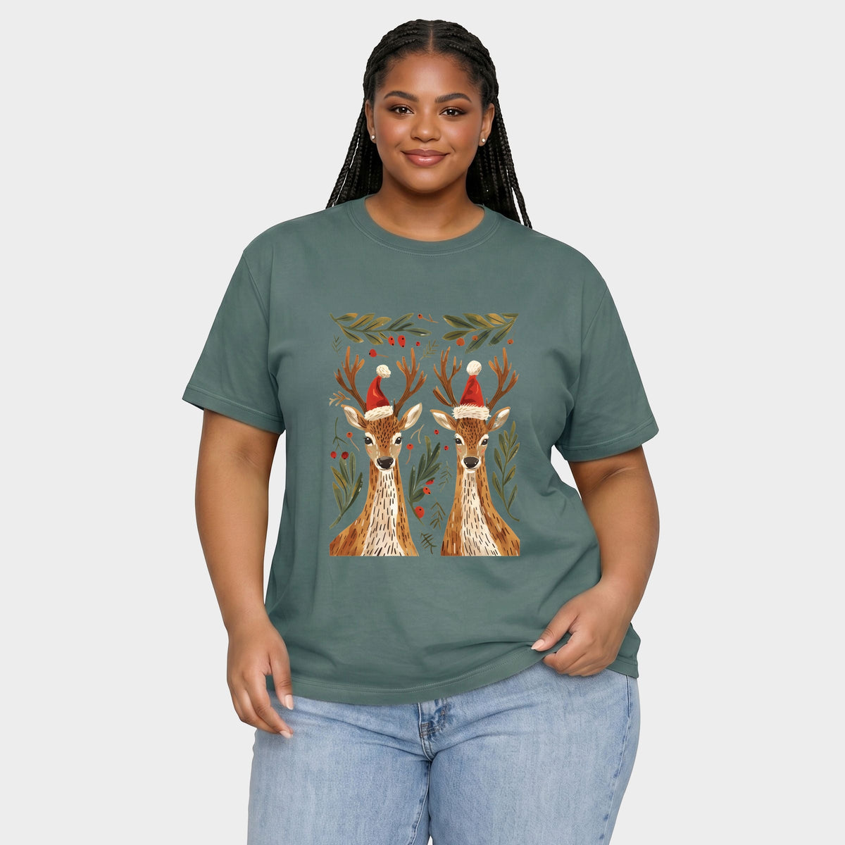 Christmas Deer Pair - Women's Plus Sized Garment Dyed Graphic T-Shirt