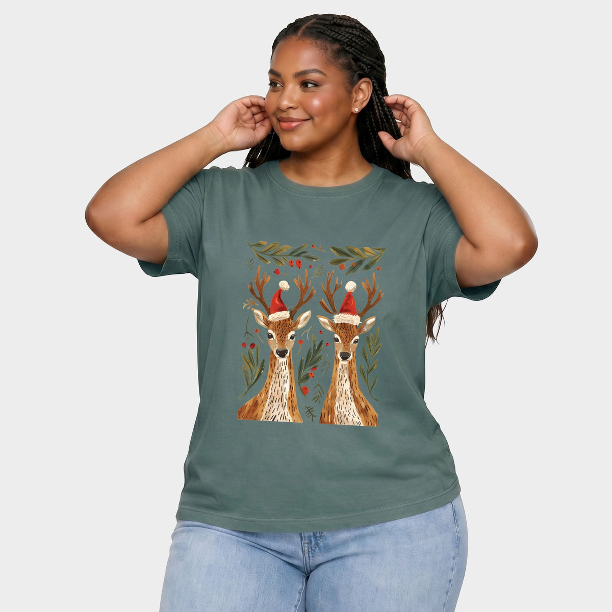 Christmas Deer Pair - Women's Plus Sized Garment Dyed Graphic T-Shirt