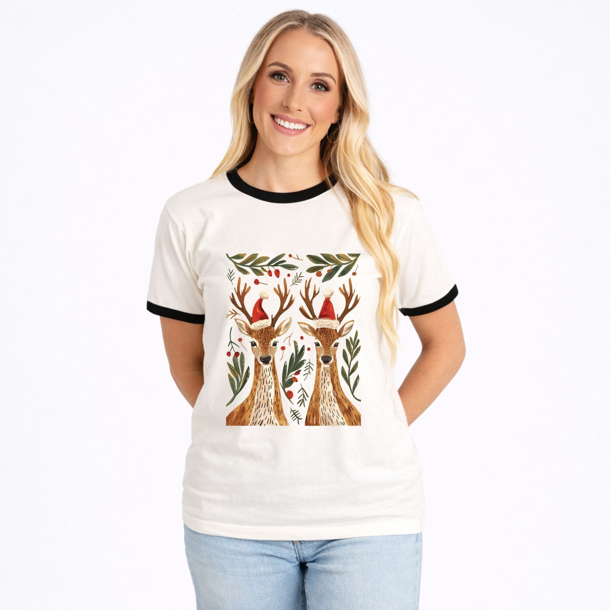 Christmas Deer Pair - Women's Ringer Graphic T-Shirt