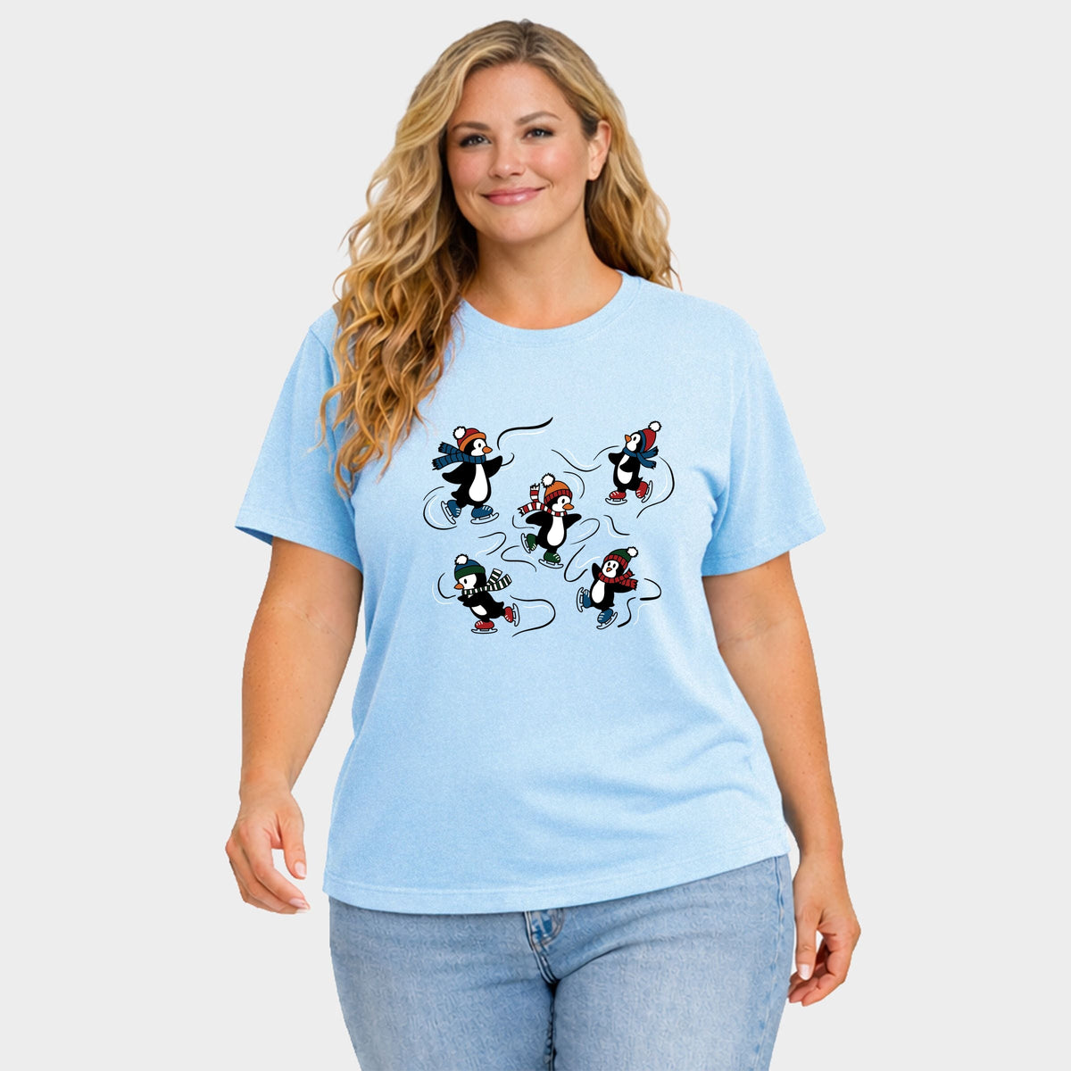 Ice Skating Penguins - Women's Plus Sized Garment Dyed Graphic T-Shirt