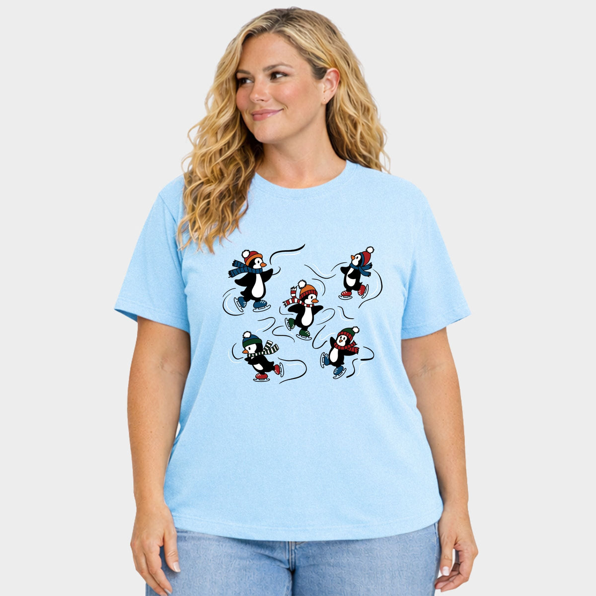 Ice Skating Penguins - Women's Plus Sized Garment Dyed Graphic T-Shirt
