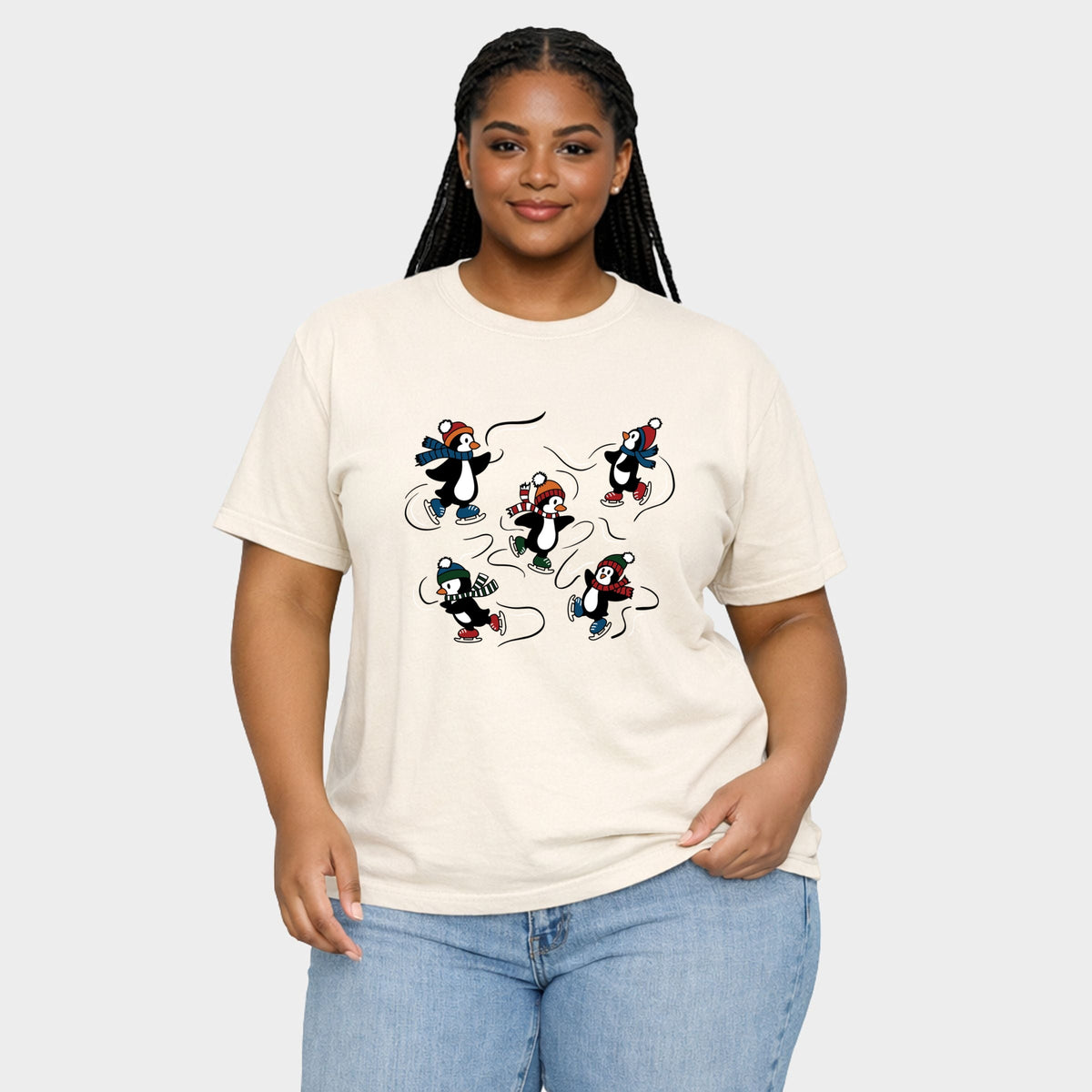 Ice Skating Penguins - Women's Plus Sized Garment Dyed Graphic T-Shirt