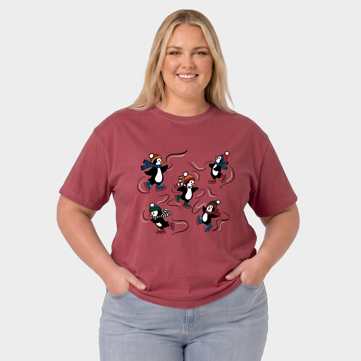 Ice Skating Penguins - Women's Plus Sized Garment Dyed Graphic T-Shirt