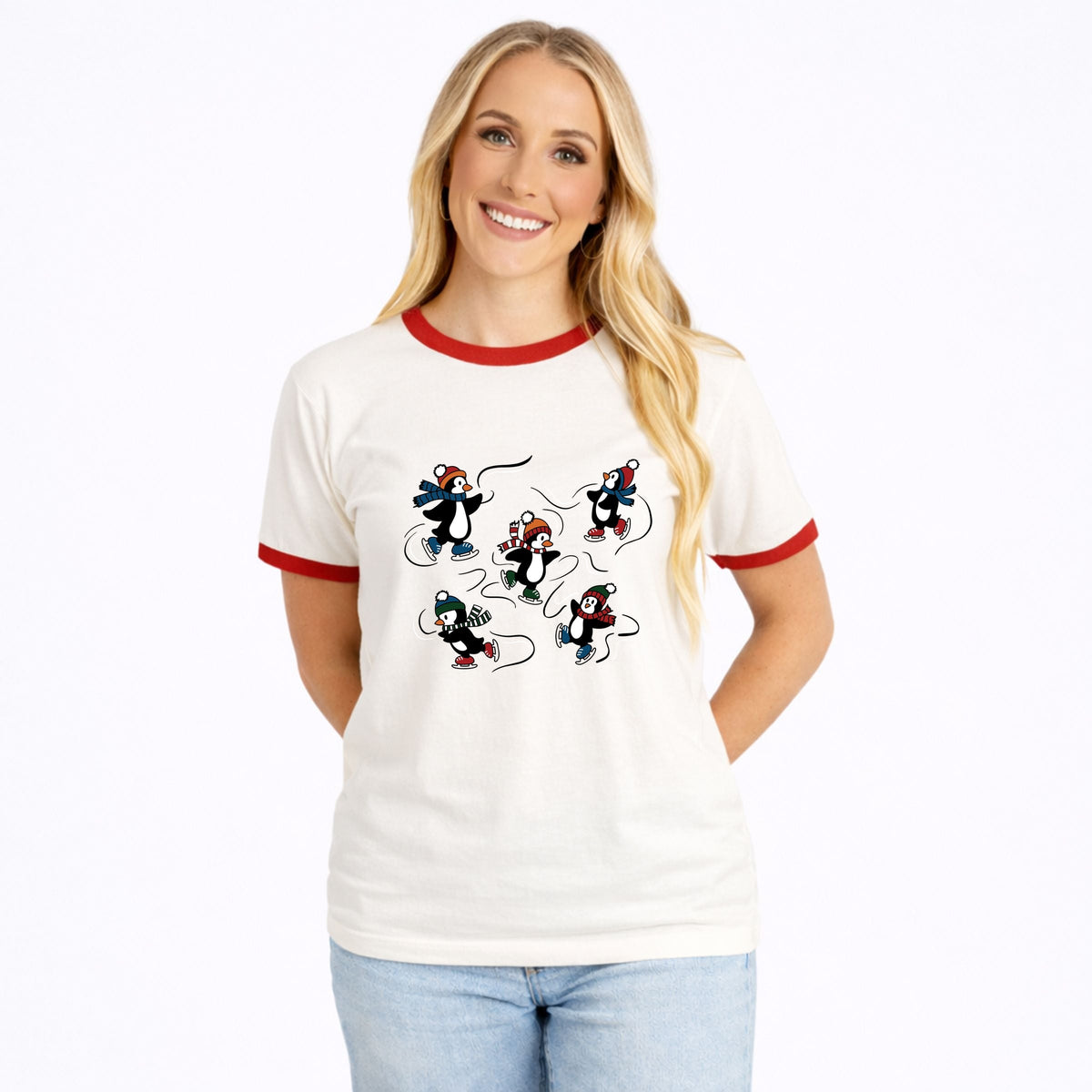 Ice Skating Penguins - Women's Ringer Graphic T-Shirt
