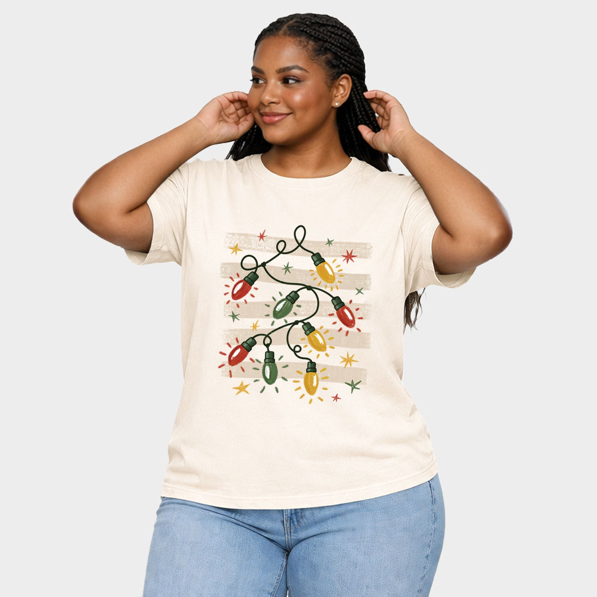 Christmas Lights Stripes - Women's Plus Sized Garment Dyed Graphic T-Shirt