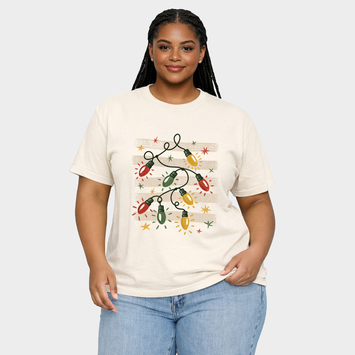 Christmas Lights Stripes - Women's Plus Sized Garment Dyed Graphic T-Shirt