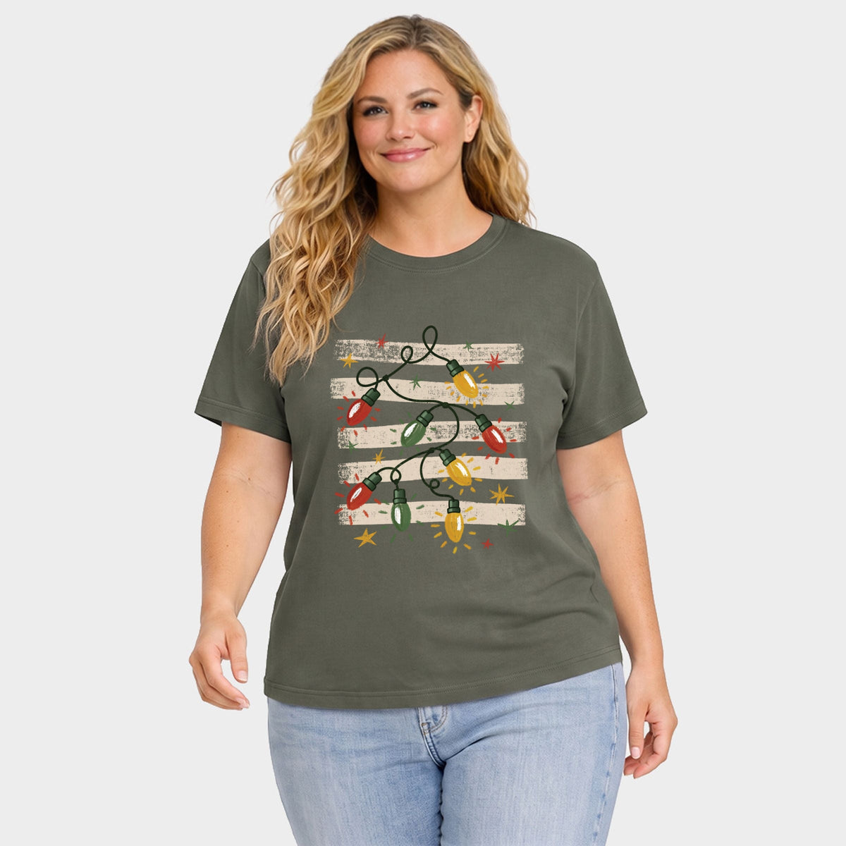 Christmas Lights Stripes - Women's Plus Sized Garment Dyed Graphic T-Shirt
