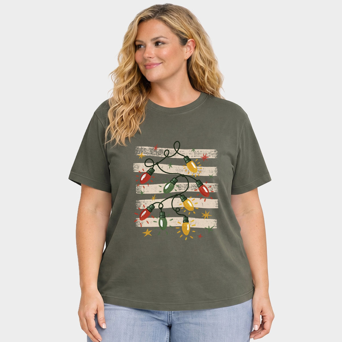Christmas Lights Stripes - Women's Plus Sized Garment Dyed Graphic T-Shirt