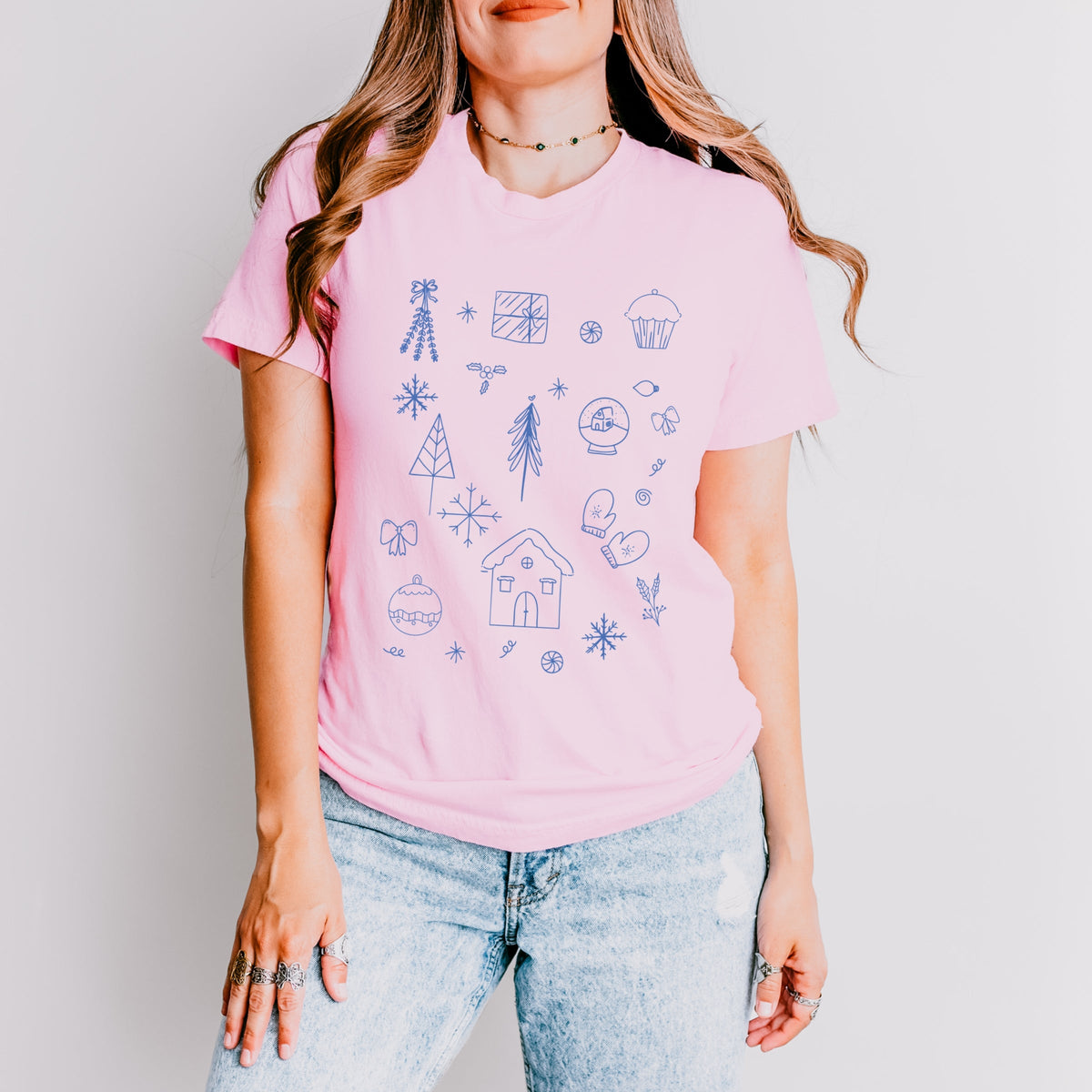 Christmas Blue Sketches - Women's Short Sleeve Graphic T-Shirt
