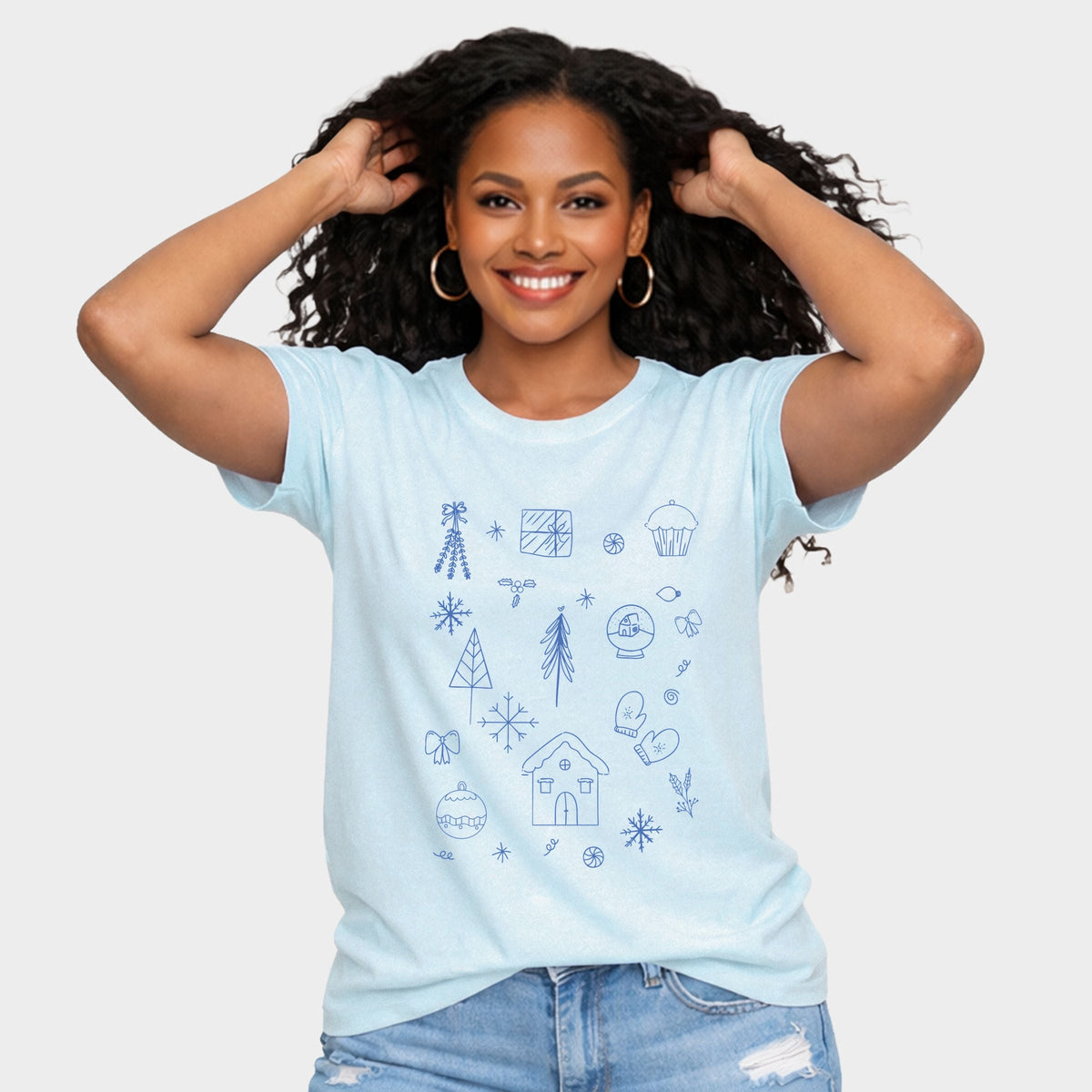 Christmas Blue Sketches - Women's Short Sleeve Graphic T-Shirt