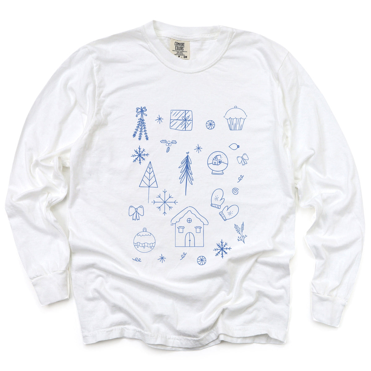 Christmas Blue Sketches - Women's Garment Dyed Long Sleeve Graphic T-Shirt