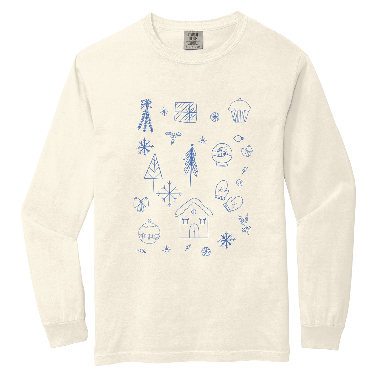 Christmas Blue Sketches - Women's Garment Dyed Long Sleeve Graphic T-Shirt
