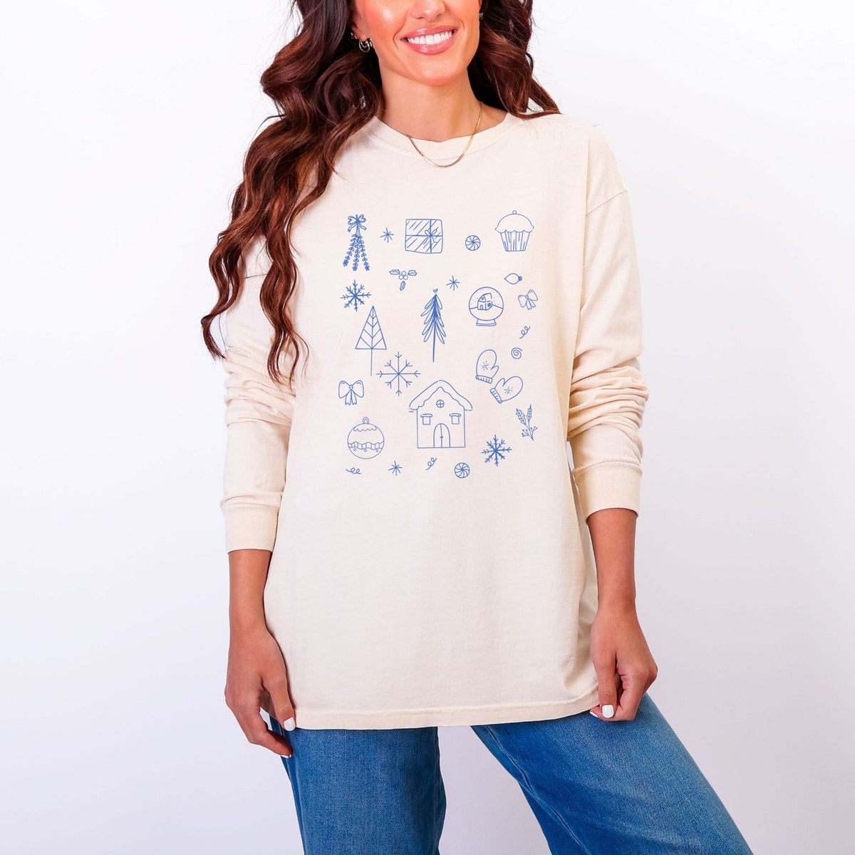 Christmas Blue Sketches - Women's Garment Dyed Long Sleeve Graphic T-Shirt