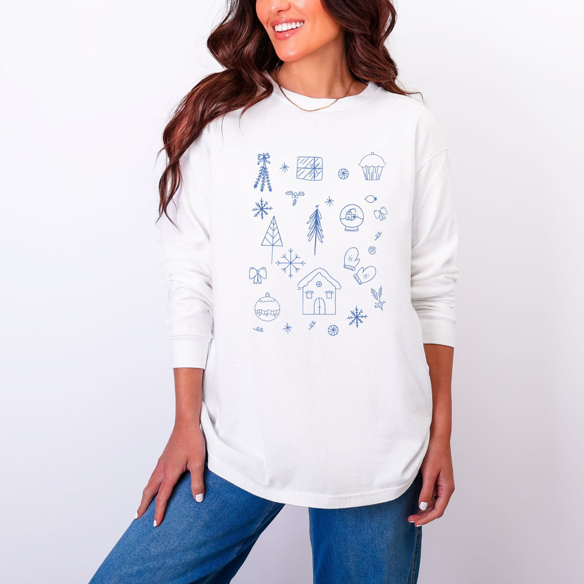Christmas Blue Sketches - Women's Garment Dyed Long Sleeve Graphic T-Shirt