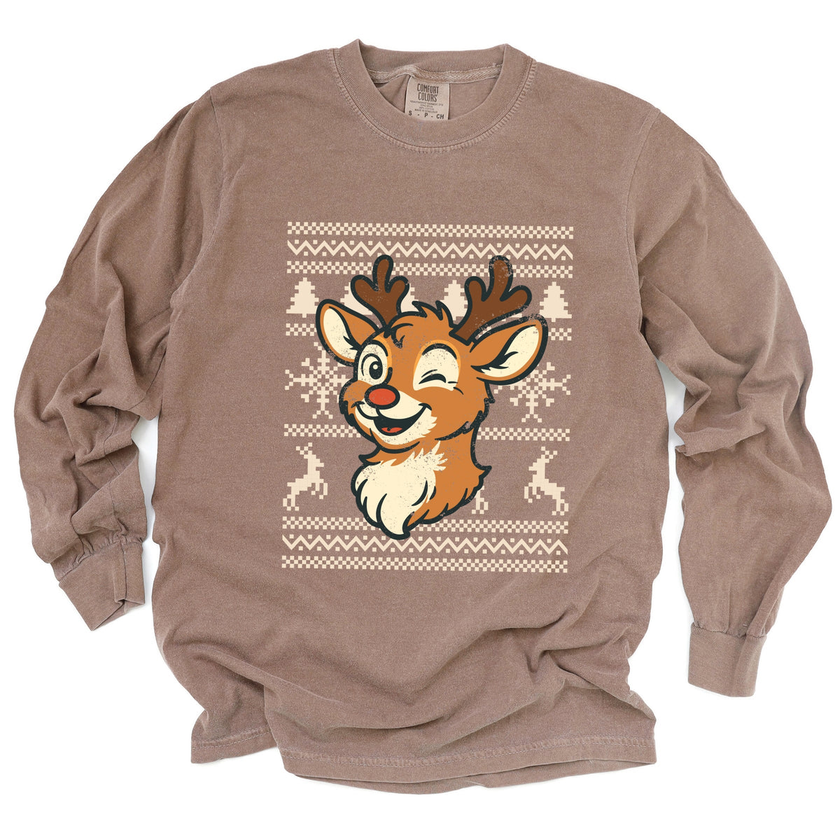 Ugly Sweater Reindeer - Women's Garment Dyed Long Sleeve Graphic T-Shirt