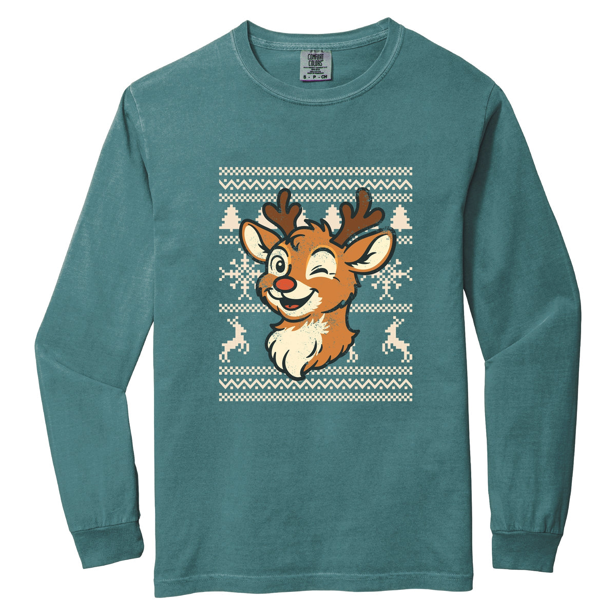 Ugly Sweater Reindeer - Women's Garment Dyed Long Sleeve Graphic T-Shirt