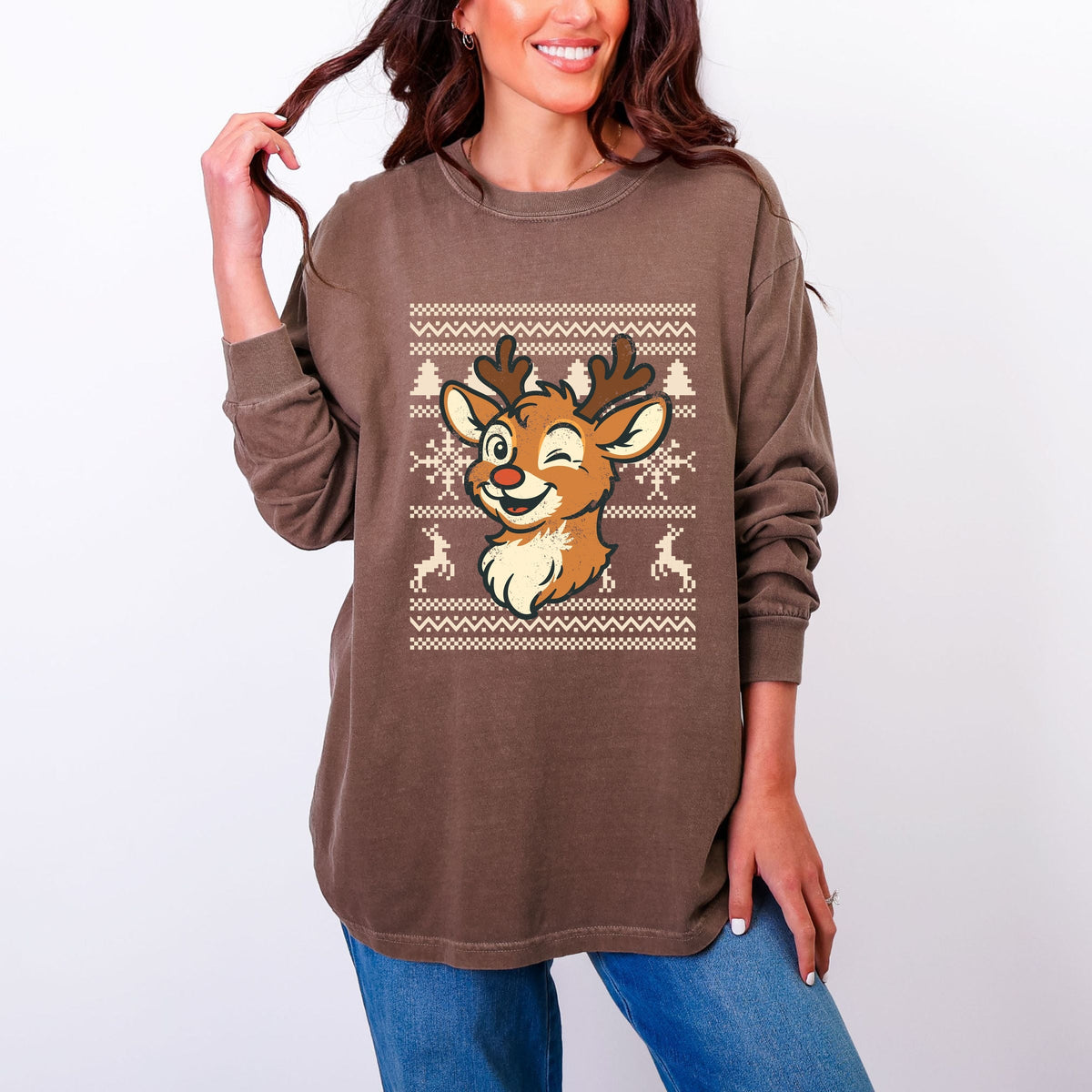Ugly Sweater Reindeer - Women's Garment Dyed Long Sleeve Graphic T-Shirt