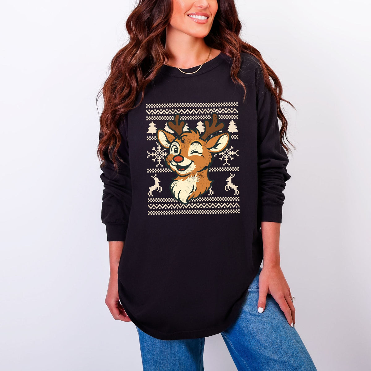 Ugly Sweater Reindeer - Women's Garment Dyed Long Sleeve Graphic T-Shirt