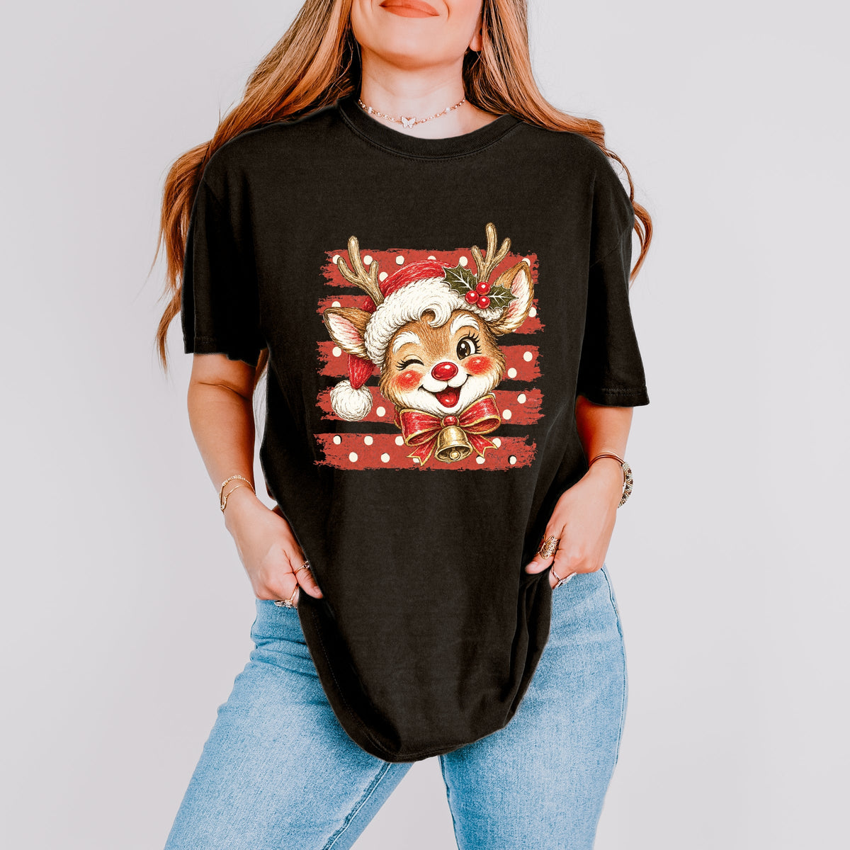 Reindeer Stripes and Polka Dots - Women's Garment Dyed Graphic T-Shirt