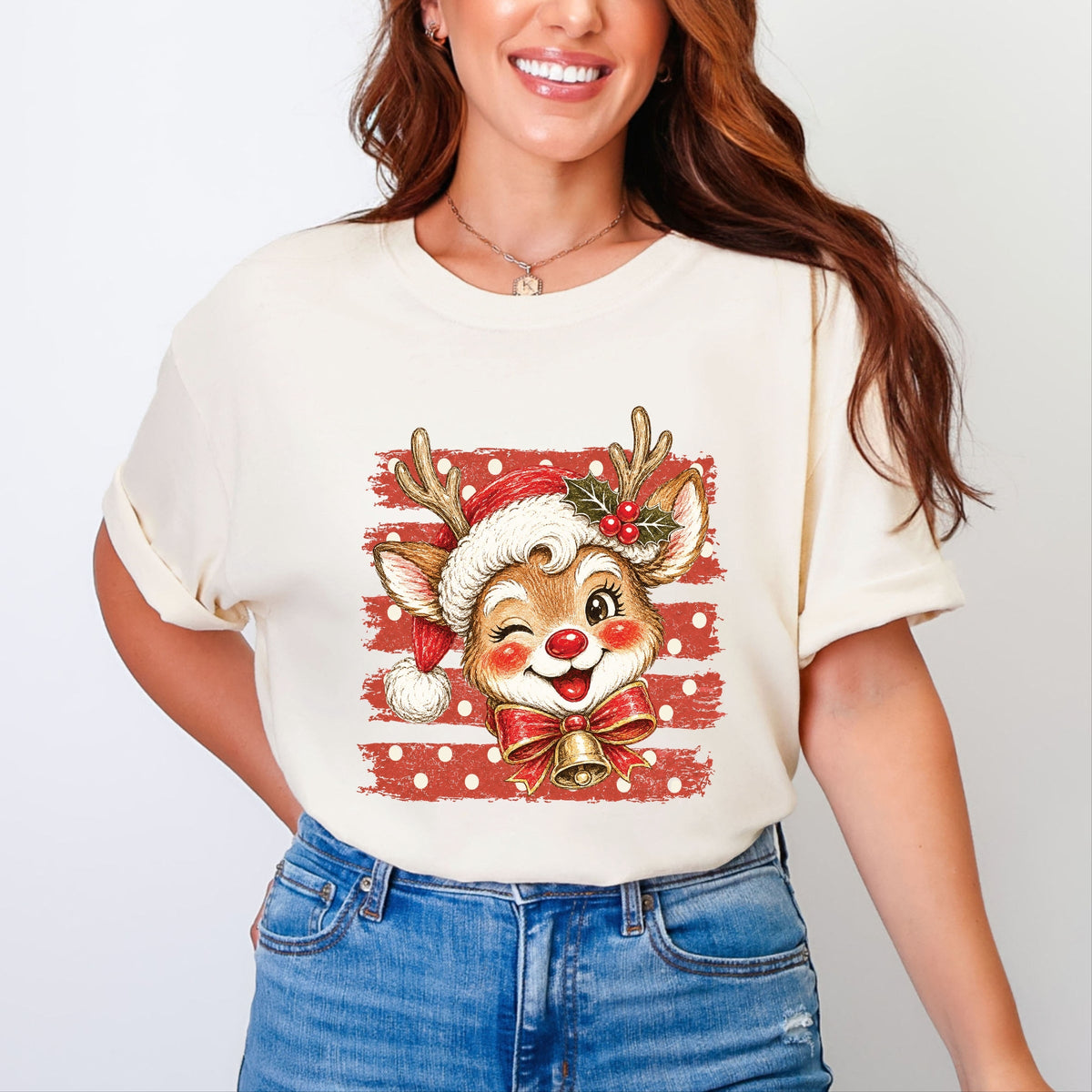Reindeer Stripes and Polka Dots - Women's Garment Dyed Graphic T-Shirt