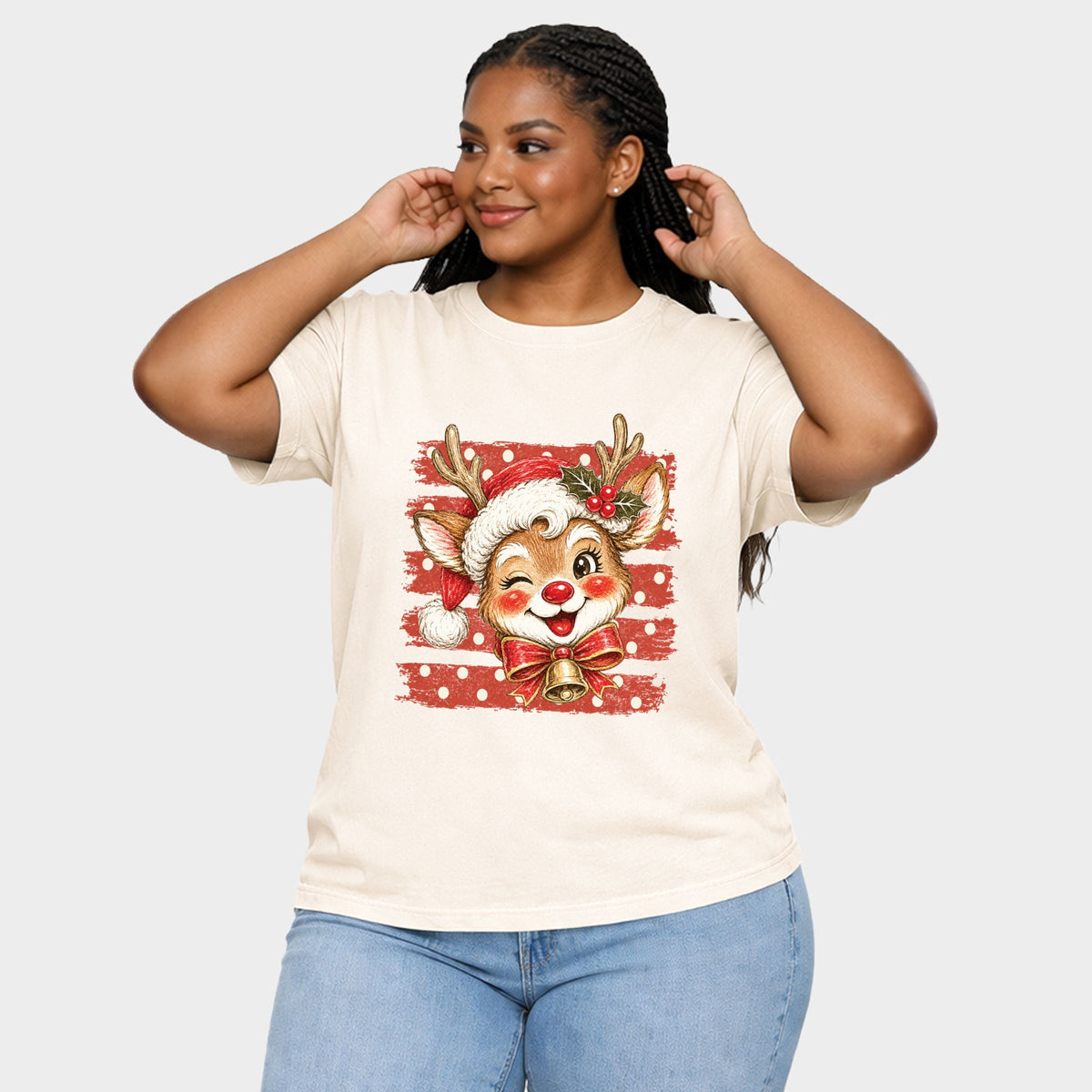 Reindeer Stripes and Polka Dots - Women's Plus Garment Dyed Tee