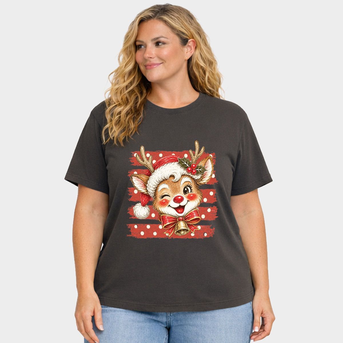 Reindeer Stripes and Polka Dots - Women's Plus Garment Dyed Tee