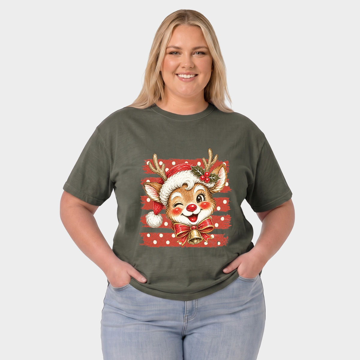 Reindeer Stripes and Polka Dots - Women's Plus Garment Dyed Tee