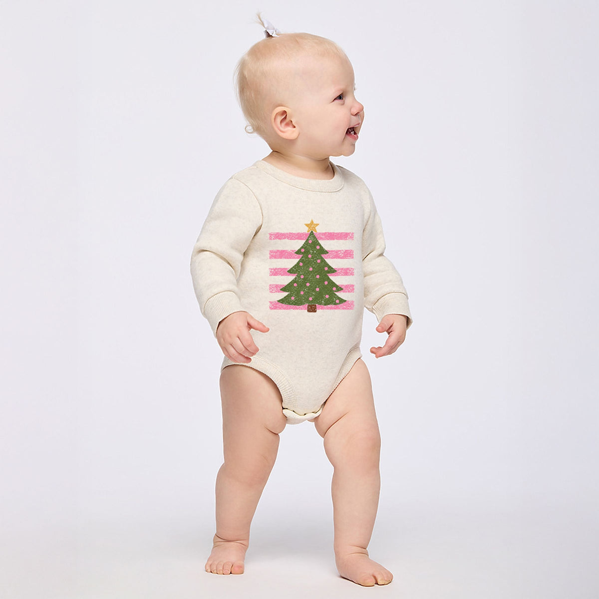Christmas Tree Pink Stripes - Infant Fleece BodySuit
